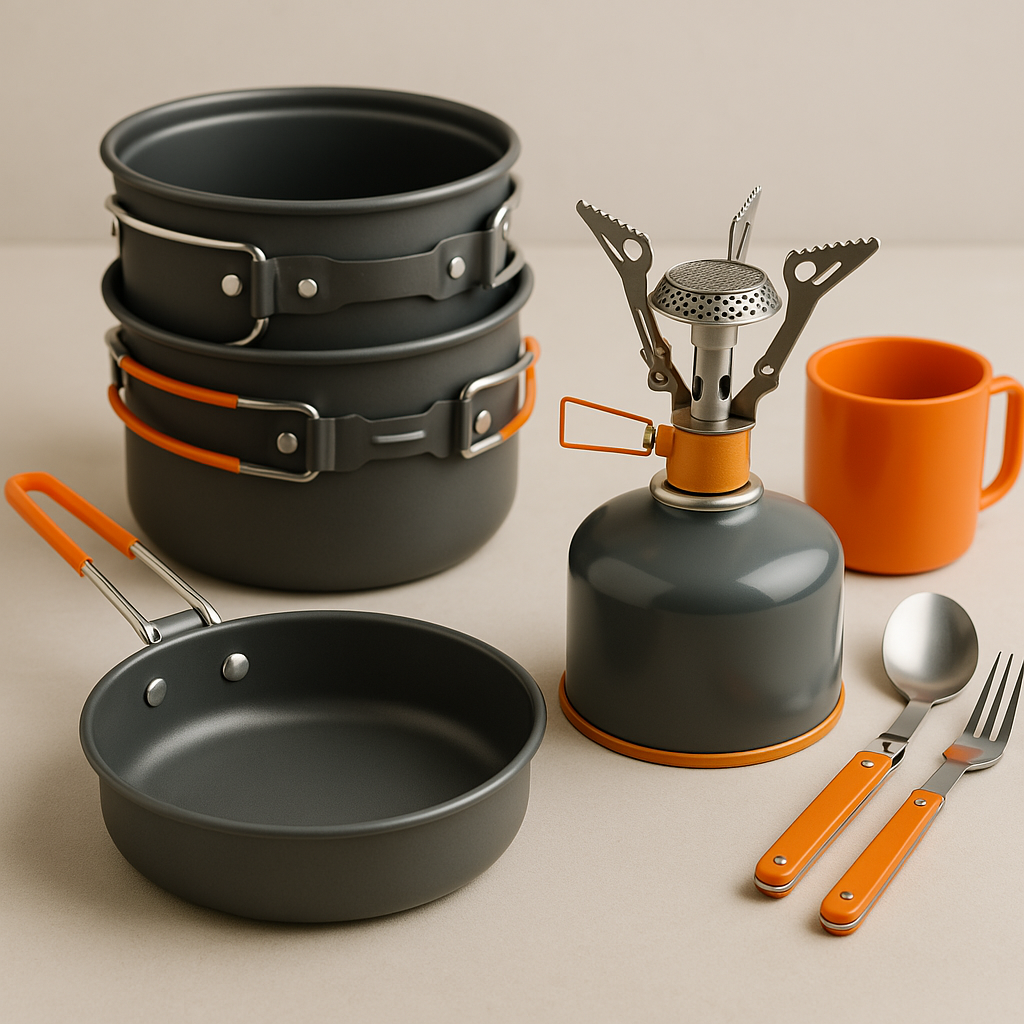 Kamp kuhinja: plinski gorilniki, posoda, pribor in pripomočki za pripravo obrokov na prostem.